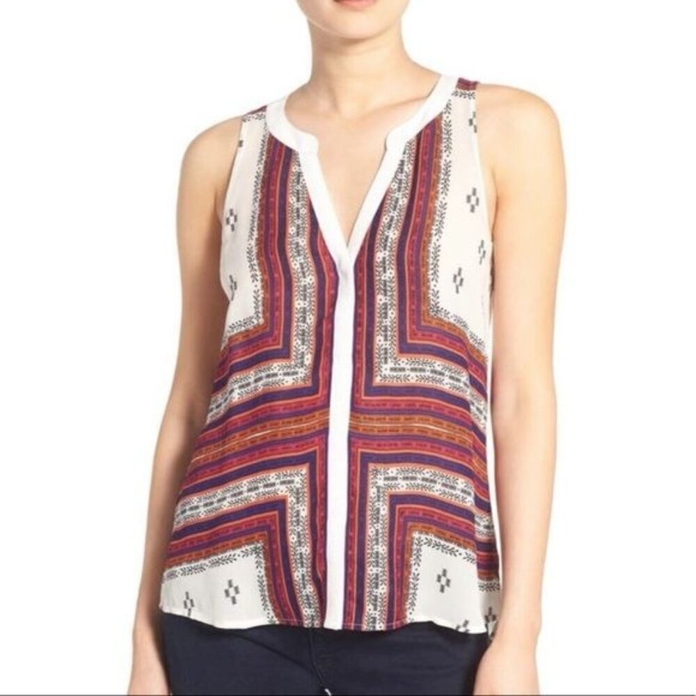 Sanctuary Lana Craft Print Split Neck Top L